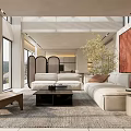 Modern Minimalist Living and Dining Area With Large Windows Sofa Coffee Table and Green Plant