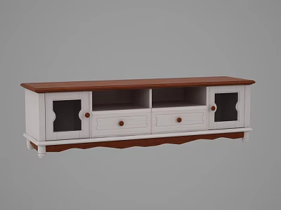 Modern White TV Stand With Brown Top Drawers Glass Doors And Wavy Base 3d model