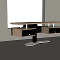 Modern Office Desk With Curved Wooden Top Black Drawers Silver Metal Frame Sleek Base