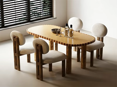 Modern Oval Wooden Dining Table Set With Upholstered Chairs And Decorative Items 3d model