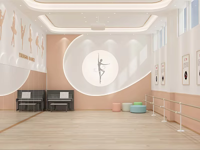 Dance Fitness Studio With Barre Wooden Floor Mirror And Silhouette Decor 3d model