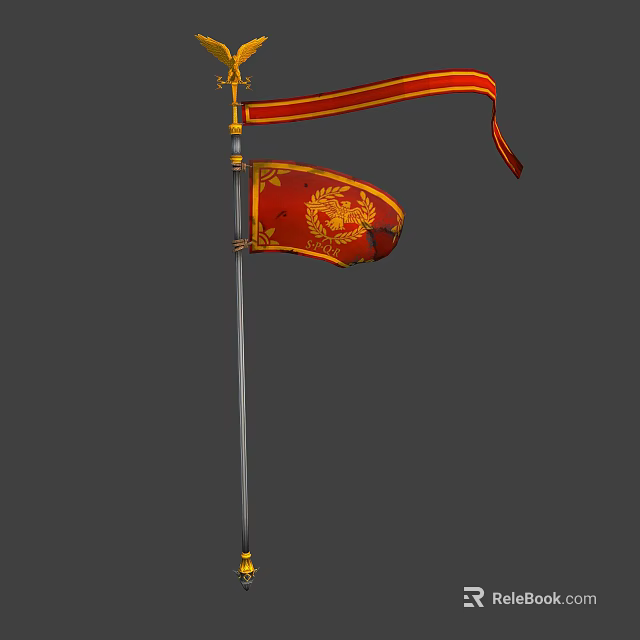 Red Flag With Golden Lion Waving On Pole With Golden Decoration 3d model 