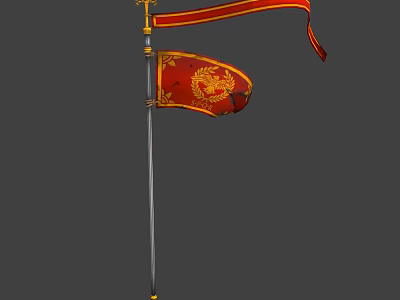 Red Flag With Golden Lion Waving On Pole With Golden Decoration 3d model