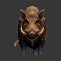 Realistic Wild Boar With Orange Red Fur And White Tusks Standing On Dark Background
