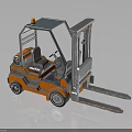 Orange Industrial Forklift With Metal Cab And Front Forks On Black Surface