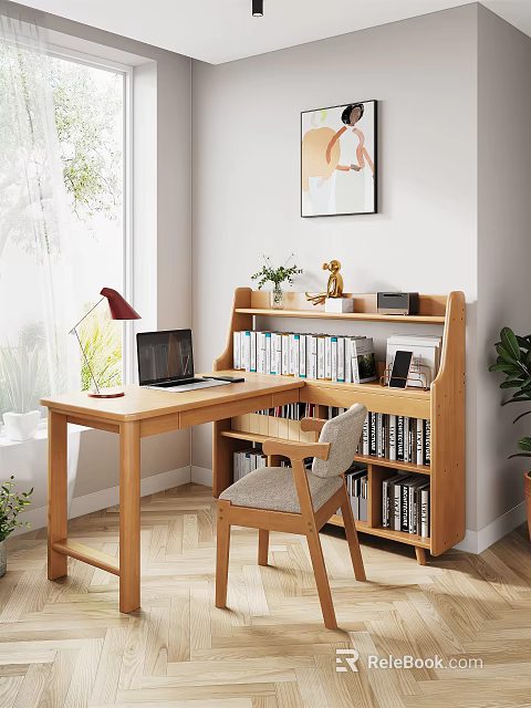 Wooden Home Study Desk With Laptop Table Lamp Bookshelf Potted Plants And Comfortable Chair 3d model 