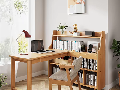 Wooden Home Study Desk With Laptop Table Lamp Bookshelf Potted Plants And Comfortable Chair 3d model