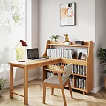 Wooden Home Study Desk With Laptop Table Lamp Bookshelf Potted Plants And Comfortable Chair