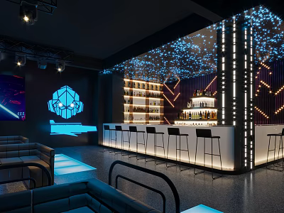 Modern Bar Interior Design With Bar Counter Stools And Neon Lighting Effects 3d model