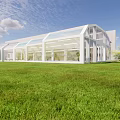 Modern Transparent Glass Canopy Structure Connecting Building With Green Lawn And Shrubs