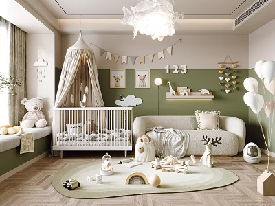 Kids Room With Canopy Baby Crib Cloud Decorations Stuffed Animals And Green Walls 3d model