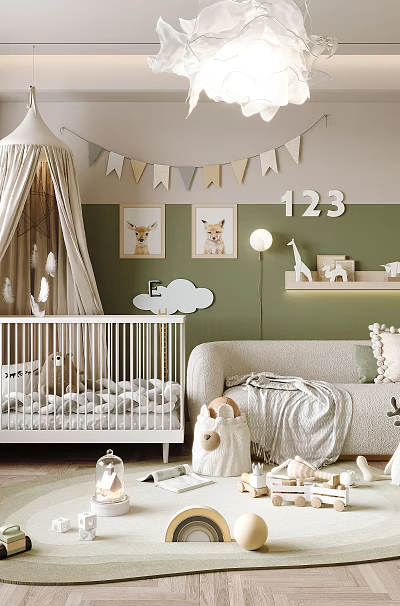 Kids Room With Canopy Baby Crib Cloud Decorations Stuffed Animals And Green Walls 3d model
