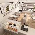 Elegant Dessert Shop Interior With Display Counter Tables Chairs Framed Artworks And Hanging Lights