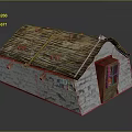 Small Stone Cottage Model With Red Door Green Window And Gray Roof