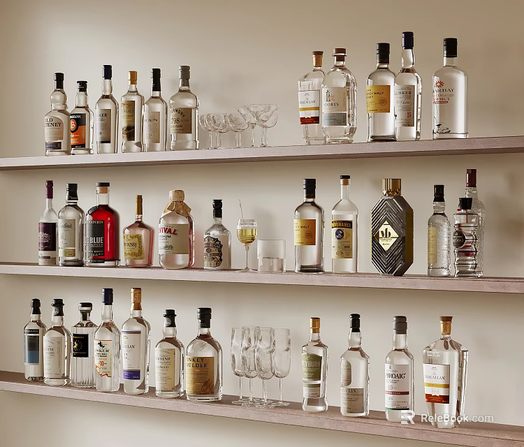 Various Alcohol Bottles and Wine Glasses Neatly Arranged on Wooden Shelves 3d model 