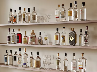 Various Alcohol Bottles and Wine Glasses Neatly Arranged on Wooden Shelves 3d model