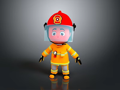 Cartoon Firefighter Figurine With Red Helmet Yellow Uniform Transparent Face Shield And Badge 3d model