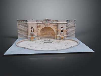 Detailed Historical Architectural Model With Stone Brick Walls Arched Entrance And Statues 3d model