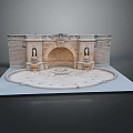 Detailed Historical Architectural Model With Stone Brick Walls Arched Entrance And Statues