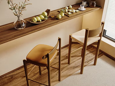 Two Stylish Bar Stools At Wooden Counter With Fruits Vase Coffee Cups In Cozy Interior 3d model