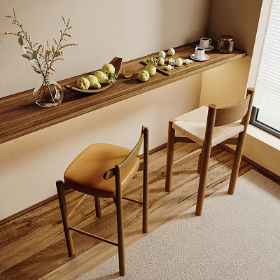 Two Stylish Bar Stools At Wooden Counter With Fruits Vase Coffee Cups In Cozy Interior 3d model