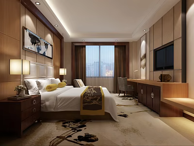 Elegant Hotel Guest Room With Large Bed White Linens Yellow Pillows And City View Window 3d model