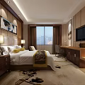 Elegant Hotel Guest Room With Large Bed White Linens Yellow Pillows And City View Window