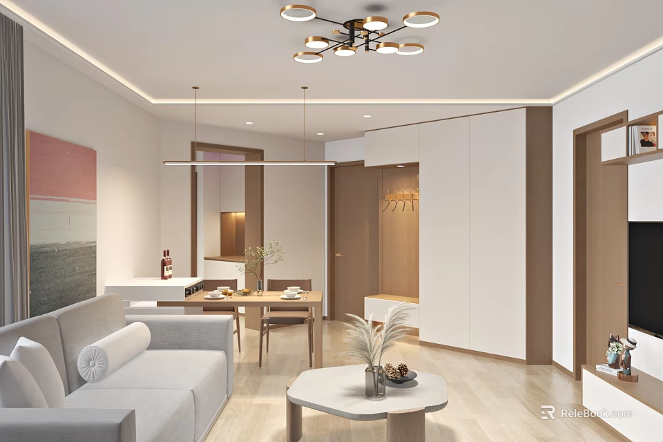 Modern Living and Dining Room Interior With Sofa Dining Table Artwork And Pendant Lights 3d model 