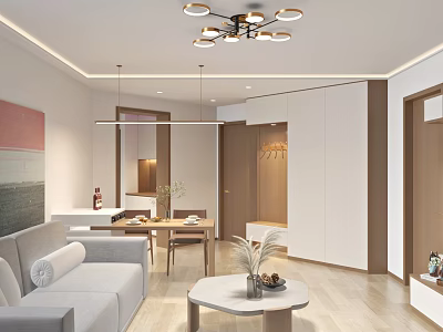 Modern Living and Dining Room Interior With Sofa Dining Table Artwork And Pendant Lights 3d model