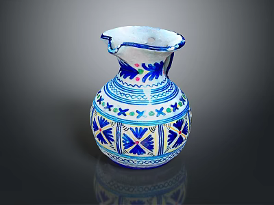 Blue and White Vase with Colorful Floral Geometric Patterns Irregular Rim on Black Background Reflection 3d model