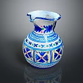 Blue and White Vase with Colorful Floral Geometric Patterns Irregular Rim on Black Background Reflection
