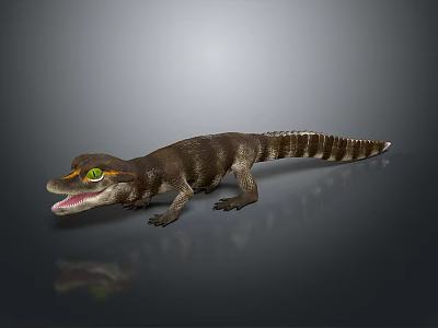 3D Crocodile Model with Open Mouth Green Eyes Brown White Stripes on Gray Background Reflection 3d model