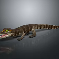 3D Crocodile Model with Open Mouth Green Eyes Brown White Stripes on Gray Background Reflection
