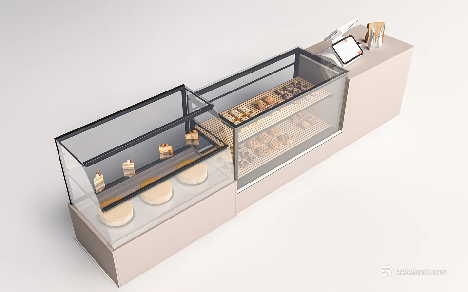 Modern Bar Counter With Glass Display Case And Assorted Pastry Items 3d model 