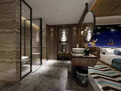 Luxury Hotel Guest Room Interior With Glass Shower Wooden Elements And Blue Bedding 3d model