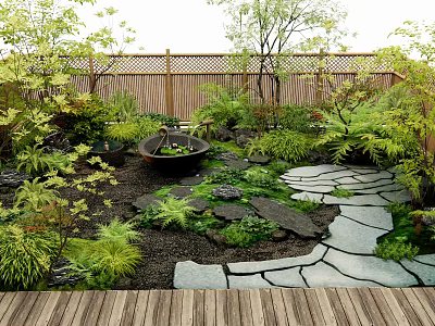 Courtyard Garden With Wooden Fence Stone Path And Various Green Plants 3d model