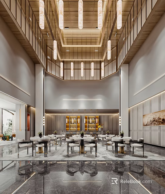 Luxurious Lounge Area Featuring High Wooden Ceiling Pendant Lights Dining Tables Chairs Cabinets and Artwork 3d model 