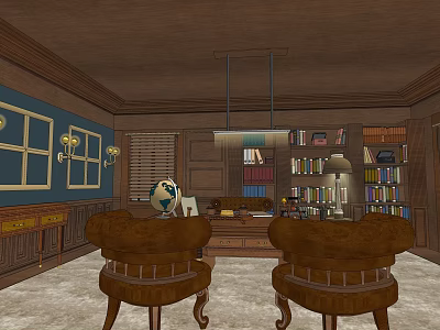 Office Interior with Dark Blue Walls Wooden Bookshelves Globe Desk and Leather Chairs 3d model