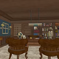 Office Interior with Dark Blue Walls Wooden Bookshelves Globe Desk and Leather Chairs