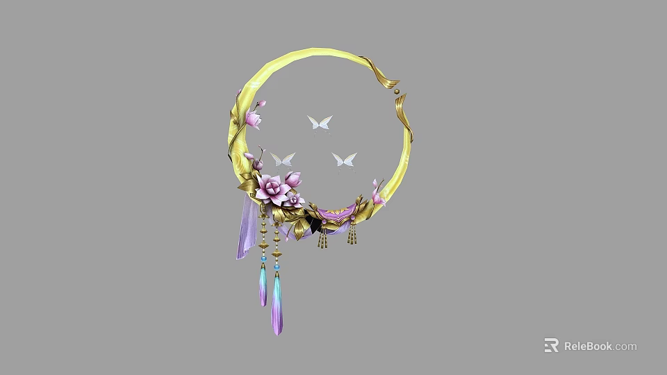 Gold Circular Hair Ornament With Pink Flowers Butterflies And Purple Blue Tassels 3d model 