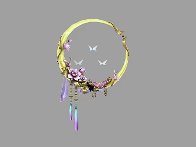 Gold Circular Hair Ornament With Pink Flowers Butterflies And Purple Blue Tassels 3d model