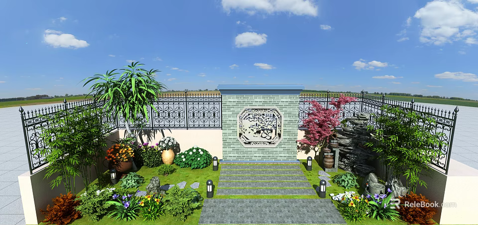 Traditional Green Brick Feature Wall With Carved Pattern And Surrounding Green Plants Stone Steps 3d model 