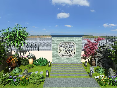 Traditional Green Brick Feature Wall With Carved Pattern And Surrounding Green Plants Stone Steps 3d model