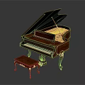 Elegant Brown Wooden Grand Piano With Ornate Details And Matching Stool Musical Instrument