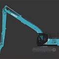Blue KOBELCO Excavator With Tracks And Extended Digging Arm On Dark Background