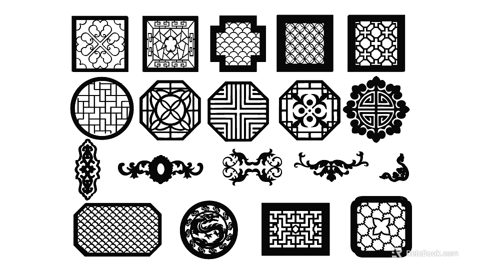 Traditional Carved Lattice Windows With Various Patterns And Different Shapes 3d model 