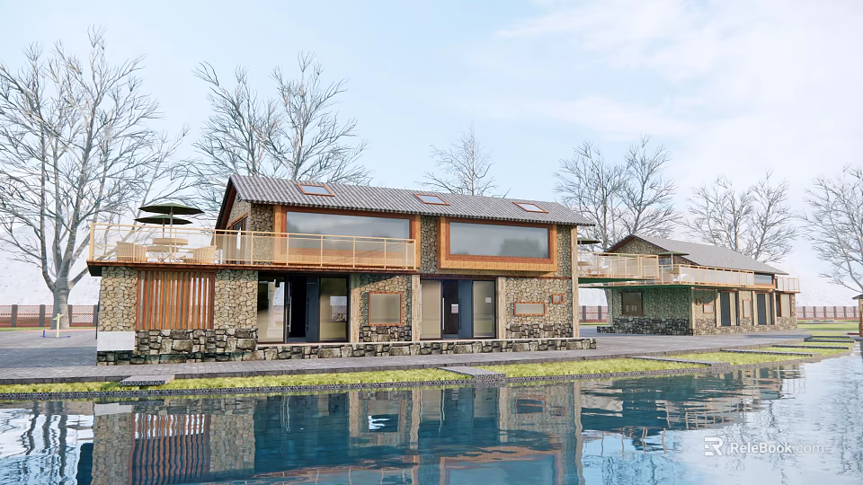 Rustic Scenic Homestay Building with Stone Wooden Structure Waterfront View and Green Trees 3d model 