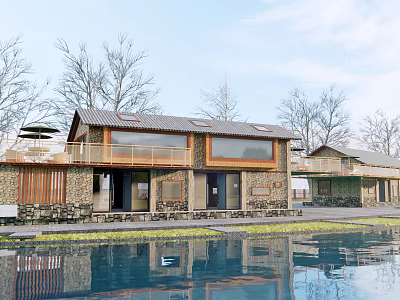 Rustic Scenic Homestay Building with Stone Wooden Structure Waterfront View and Green Trees 3d model