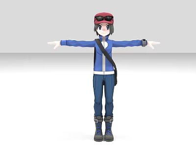 Game Movie Character in Blue Jacket Pants Red Cap Goggles Backpack Arms Outstretched 3d model