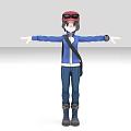 Game Movie Character in Blue Jacket Pants Red Cap Goggles Backpack Arms Outstretched